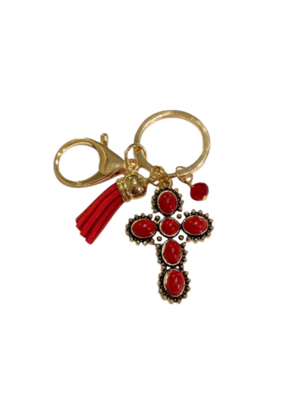 Gold-Tone Red Cross Keychain Bag Charm with Tassel New